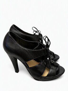 Coach Teagan Black Leather Heels | Lace‑Up Peep Toe Pumps Gunmetal Tassel Detail